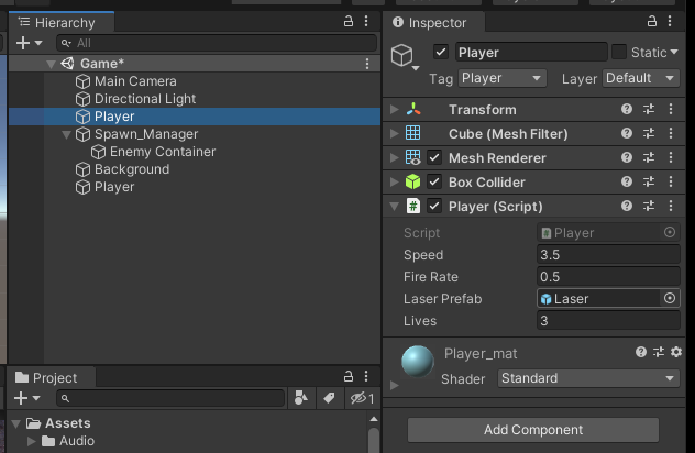 Player 3D components including Script